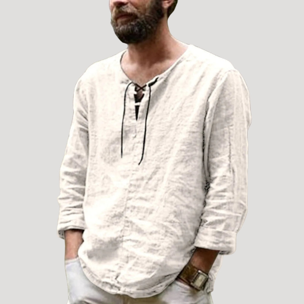 Men’s Linen Blend Lace Up Shirt Relaxed Casual Fit