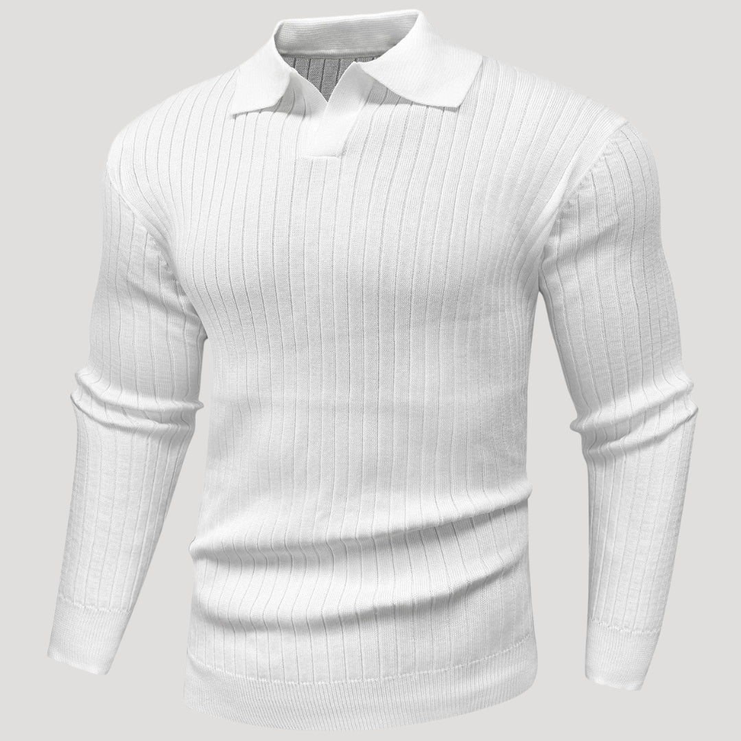 Men’s Ribbed Knit Long Sleeve Polo Sweater Slim Fit