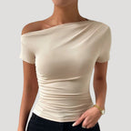 Women’s Off Shoulder Draped Top Asymmetrical Slim Fit Blouse