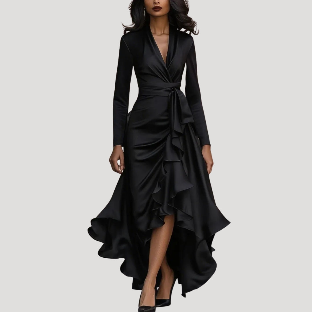 Women’s Long Sleeve Wrap Maxi Dress Ruffle Hem Evening Gown