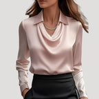 Women’s Satin Long Sleeve Blouse Draped Neck Elegant Top