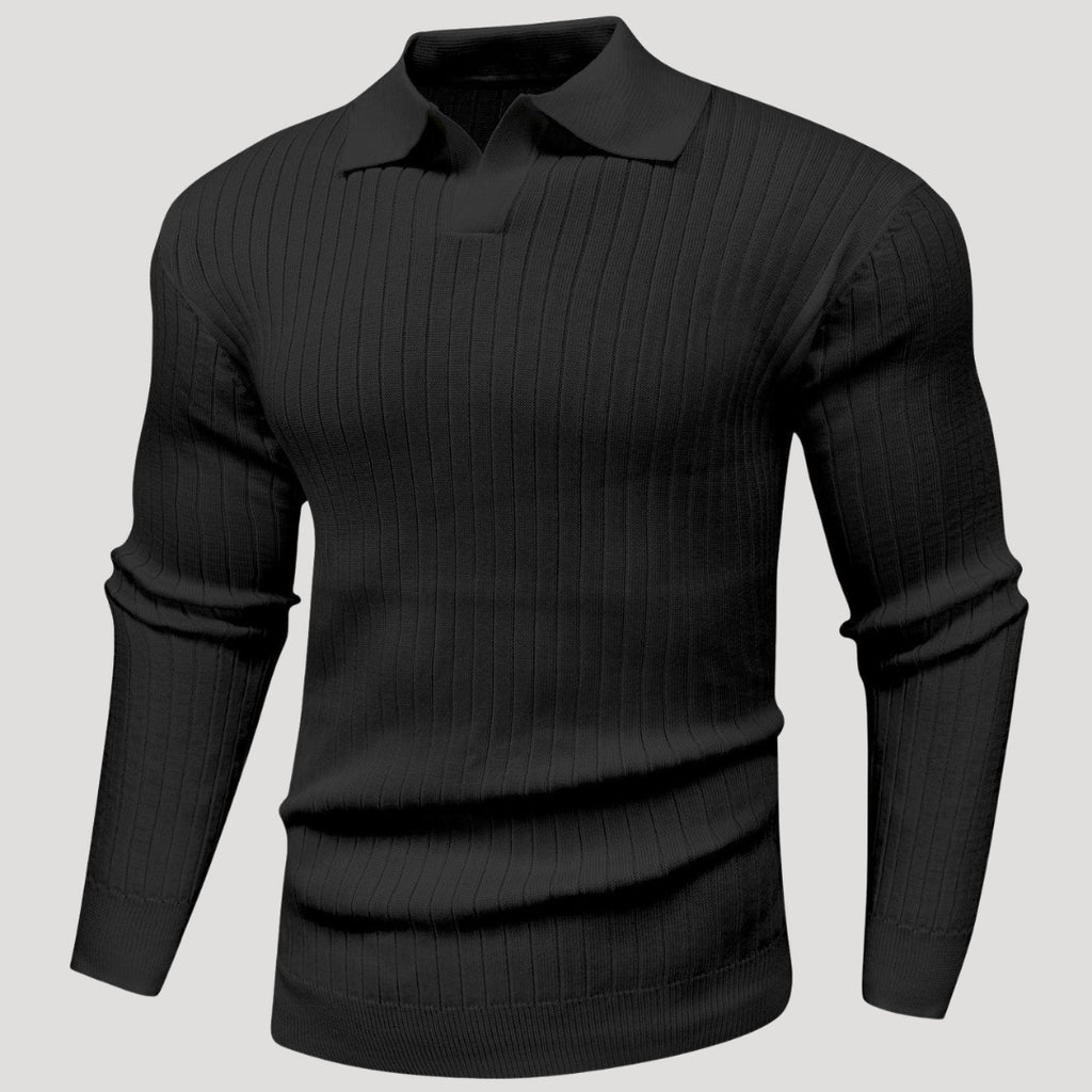 Men’s Ribbed Knit Long Sleeve Polo Sweater Slim Fit