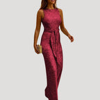 Women’s Sleeveless Sequin Jumpsuit Belted Wide Leg