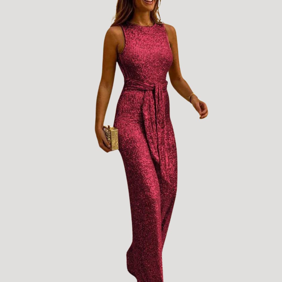 Women’s Sleeveless Sequin Jumpsuit Belted Wide Leg