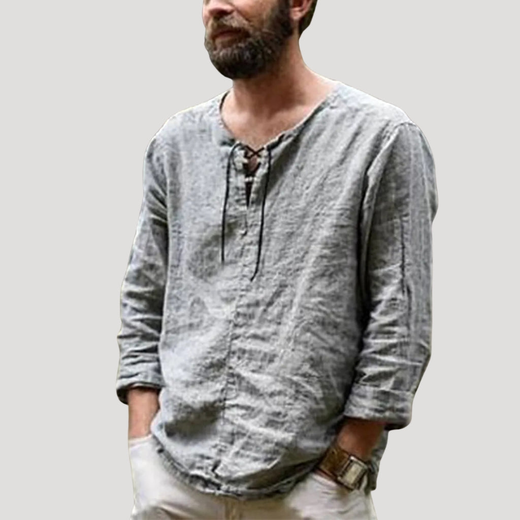 Men’s Linen Blend Lace Up Shirt Relaxed Casual Fit