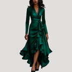 Women’s Long Sleeve Wrap Maxi Dress Ruffle Hem Evening Gown