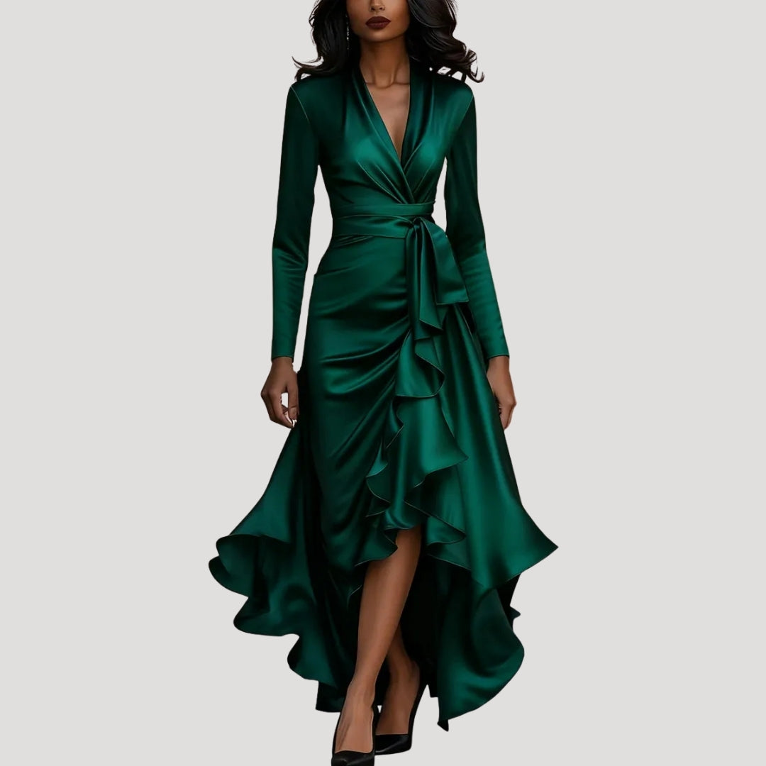 Women’s Long Sleeve Wrap Maxi Dress Ruffle Hem Evening Gown