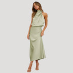 Women’s Formal Dress Midi Elegant Halter Sleeveless Satin