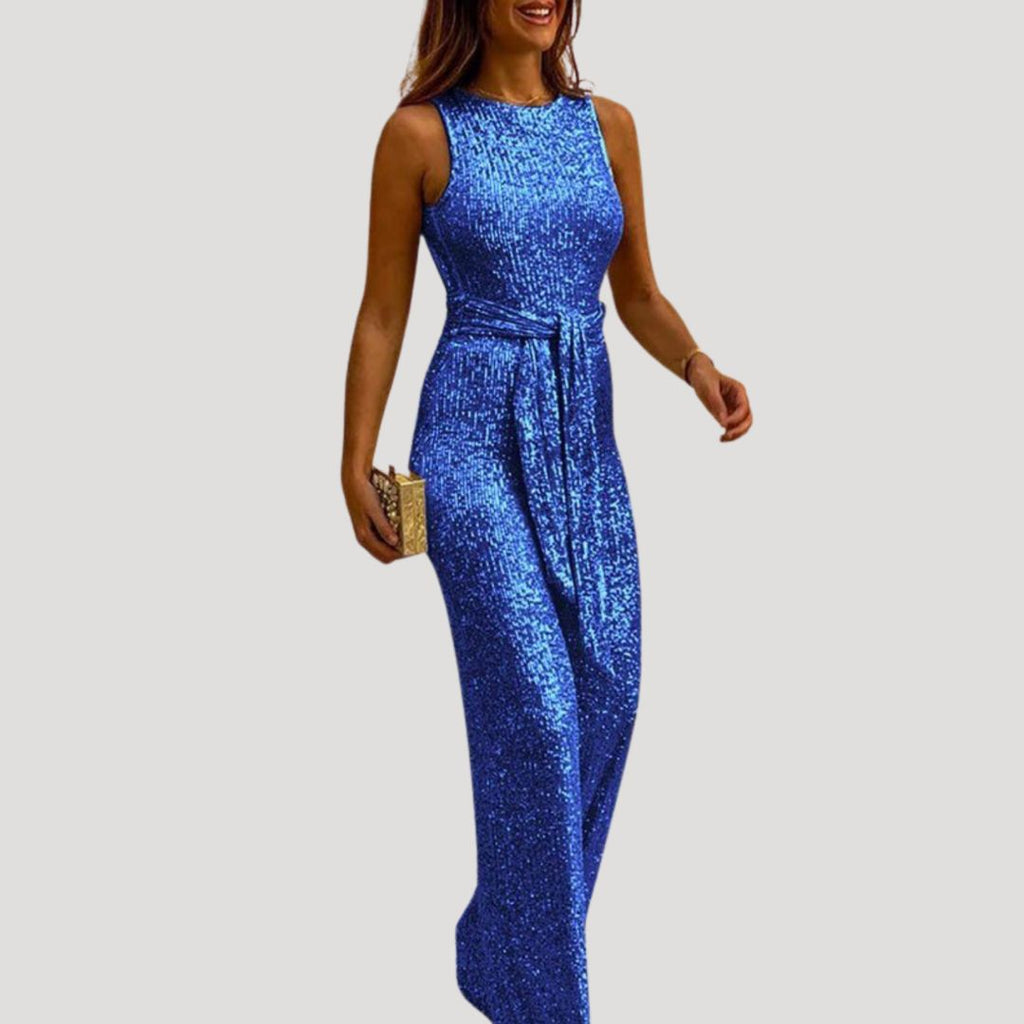 Women’s Sleeveless Sequin Jumpsuit Belted Wide Leg