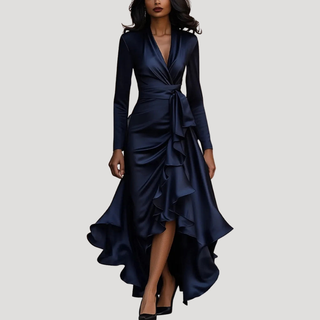 Women’s Long Sleeve Wrap Maxi Dress Ruffle Hem Evening Gown