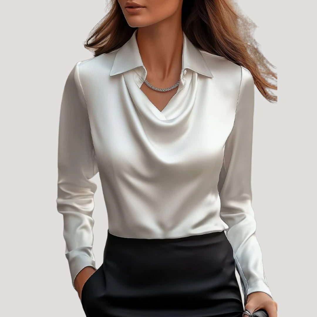 Women’s Satin Long Sleeve Blouse Draped Neck Elegant Top