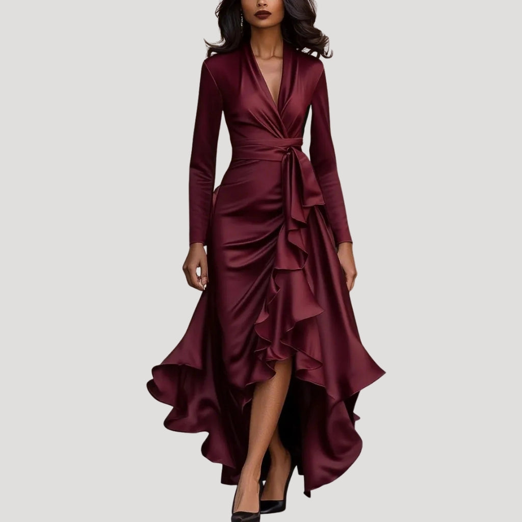Women’s Long Sleeve Wrap Maxi Dress Ruffle Hem Evening Gown