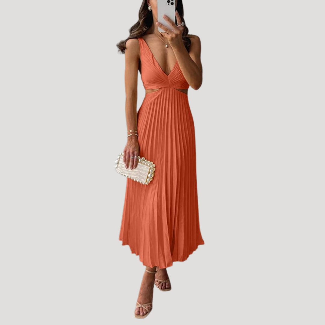 Women’s Formal Maxi Pleated V Neck Sleeveless Dress