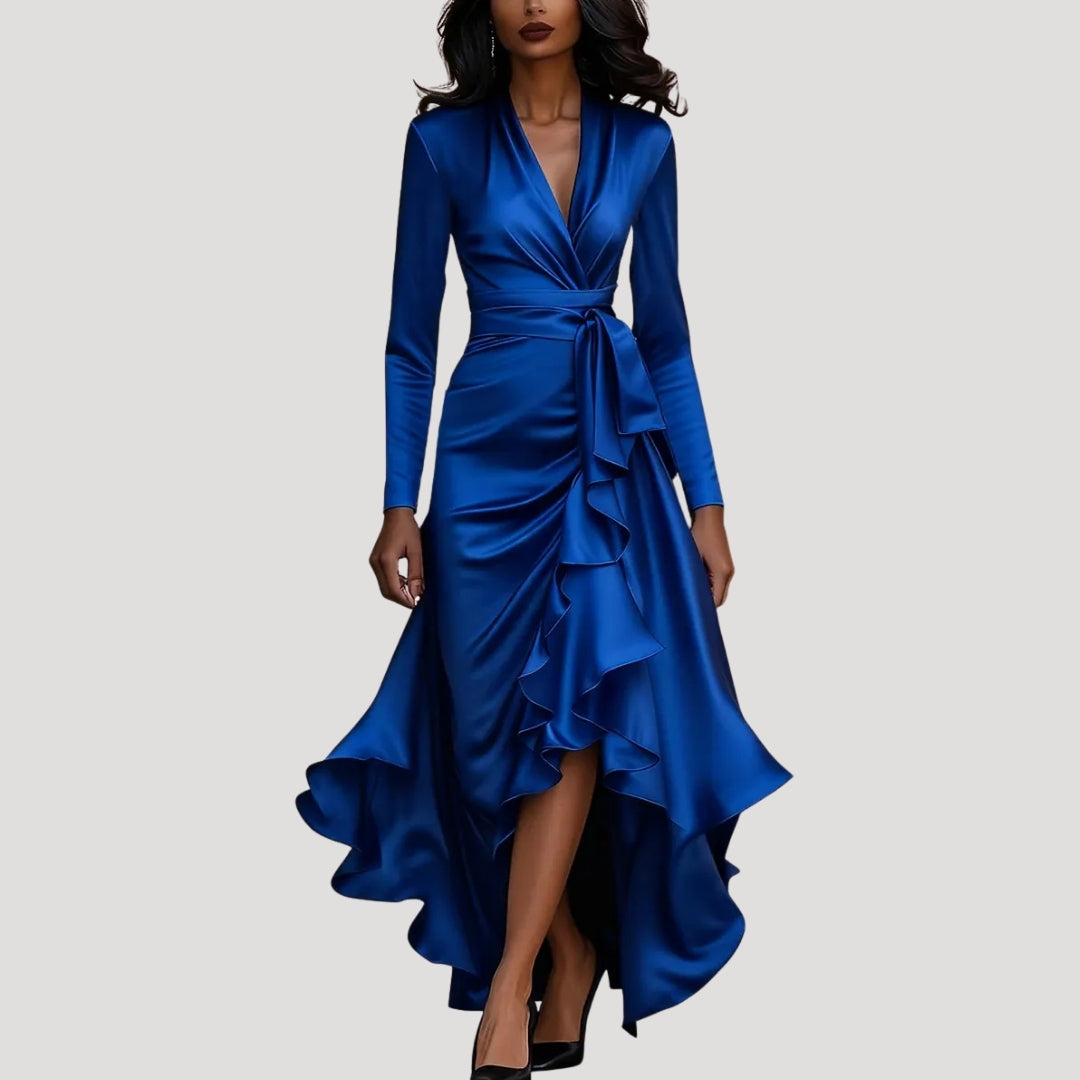 Women’s Long Sleeve Wrap Maxi Dress Ruffle Hem Evening Gown