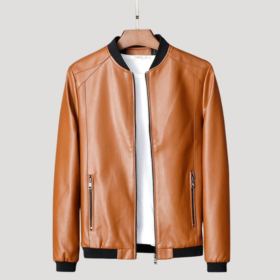 Men’s Leather Bomber Jacket Zip Up Casual Biker Outerwear