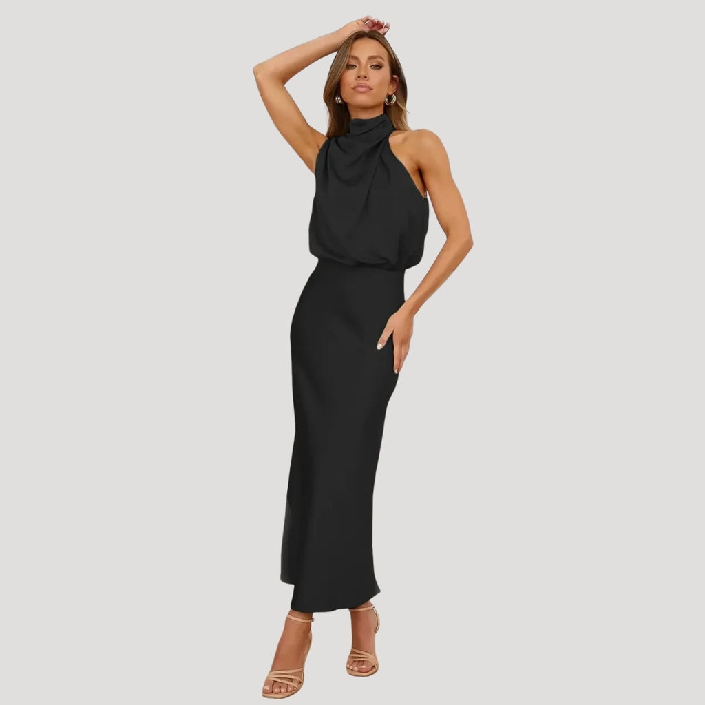 Women’s Formal Dress Midi Elegant Halter Sleeveless Satin
