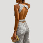 Women’s Sleeveless Sequin Jumpsuit Belted Wide Leg