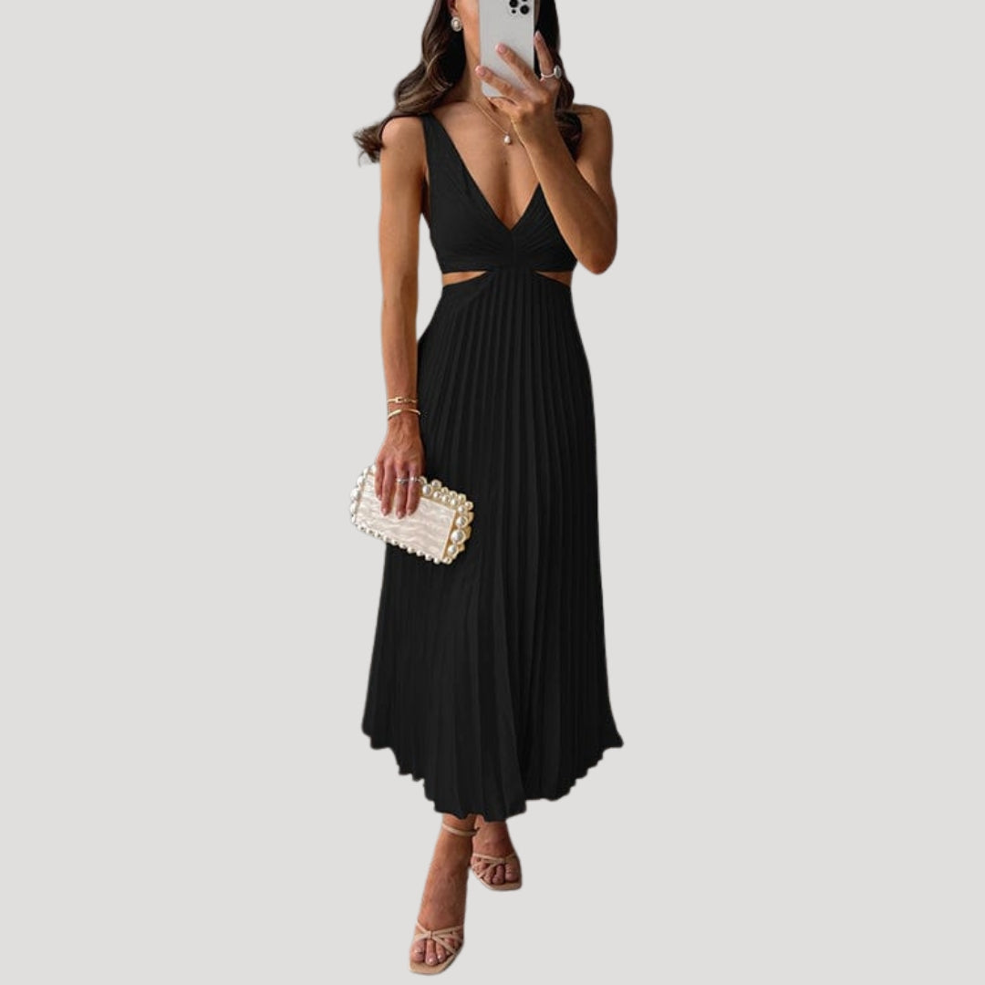 Women’s Formal Maxi Pleated V Neck Sleeveless Dress