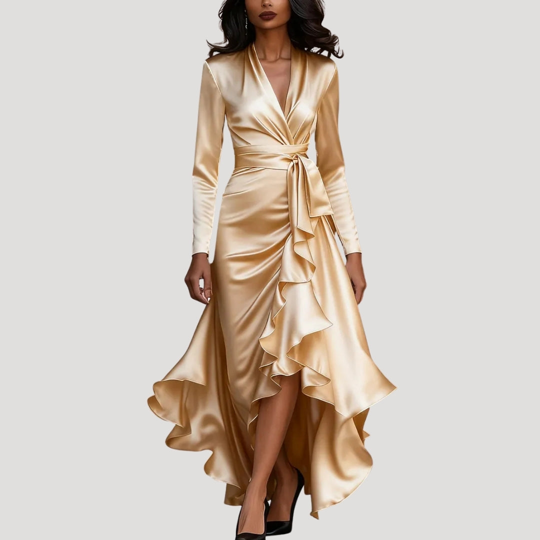 Women’s Long Sleeve Wrap Maxi Dress Ruffle Hem Evening Gown