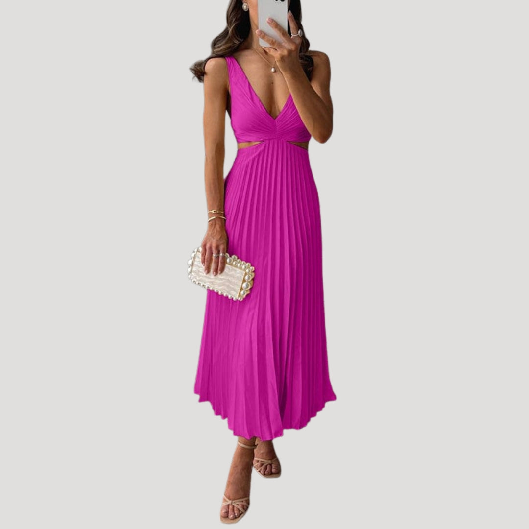 Women’s Formal Maxi Pleated V Neck Sleeveless Dress