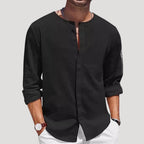 Mens Linen Henley Collarless Long Sleeve Summer Shirt