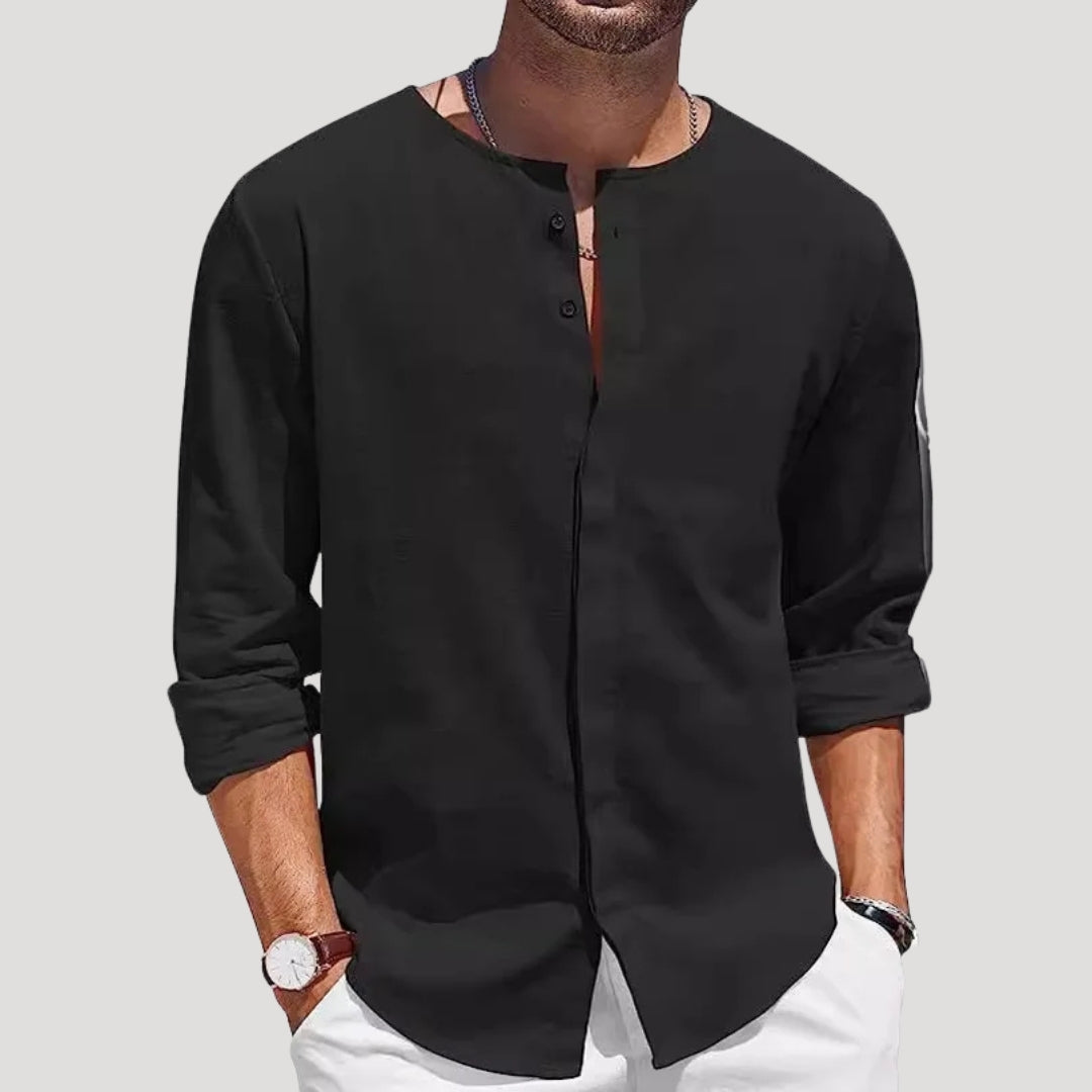 Mens Linen Henley Collarless Long Sleeve Summer Shirt
