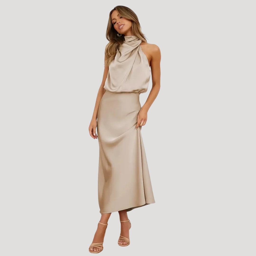 Women’s Formal Dress Midi Elegant Halter Sleeveless Satin