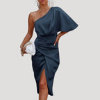 Women’s One Shoulder Midi Dress Side Slit Draped Evening Style