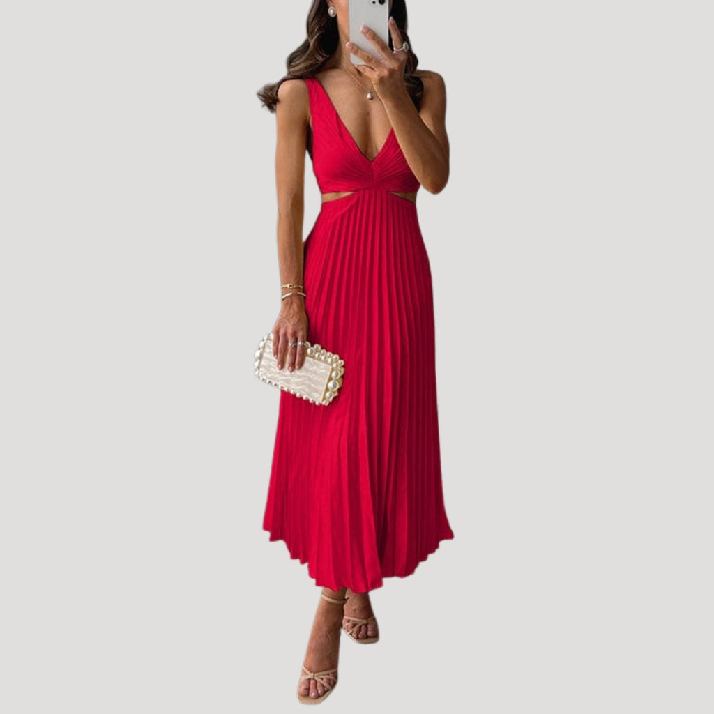 Women’s Formal Maxi Pleated V Neck Sleeveless Dress
