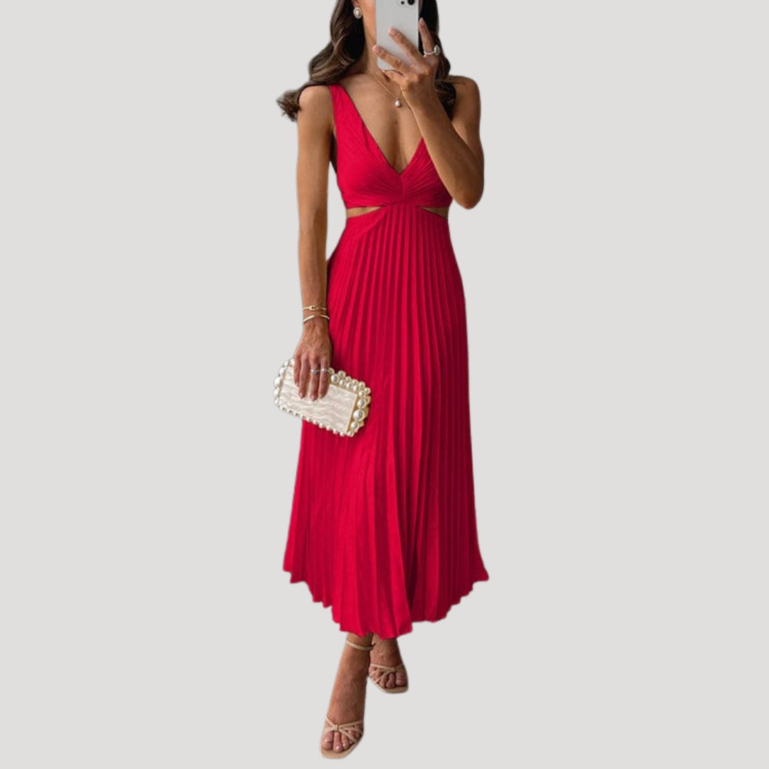 Women’s Formal Maxi Pleated V Neck Sleeveless Dress