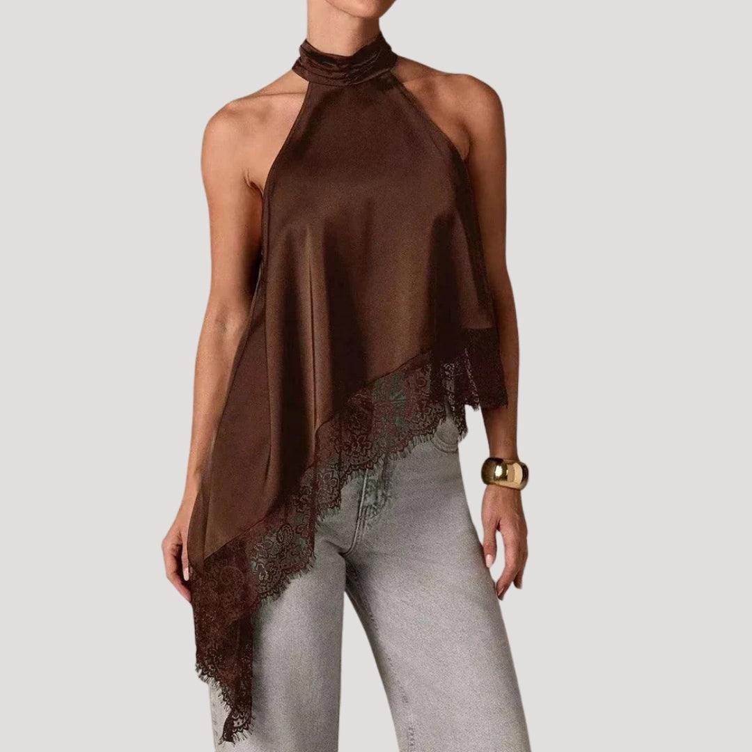 Women’s Blouse Halter Top Sleeveless Satin Lace Asymmetrical