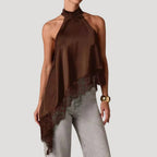 Women’s Blouse Halter Top Sleeveless Satin Lace Asymmetrical