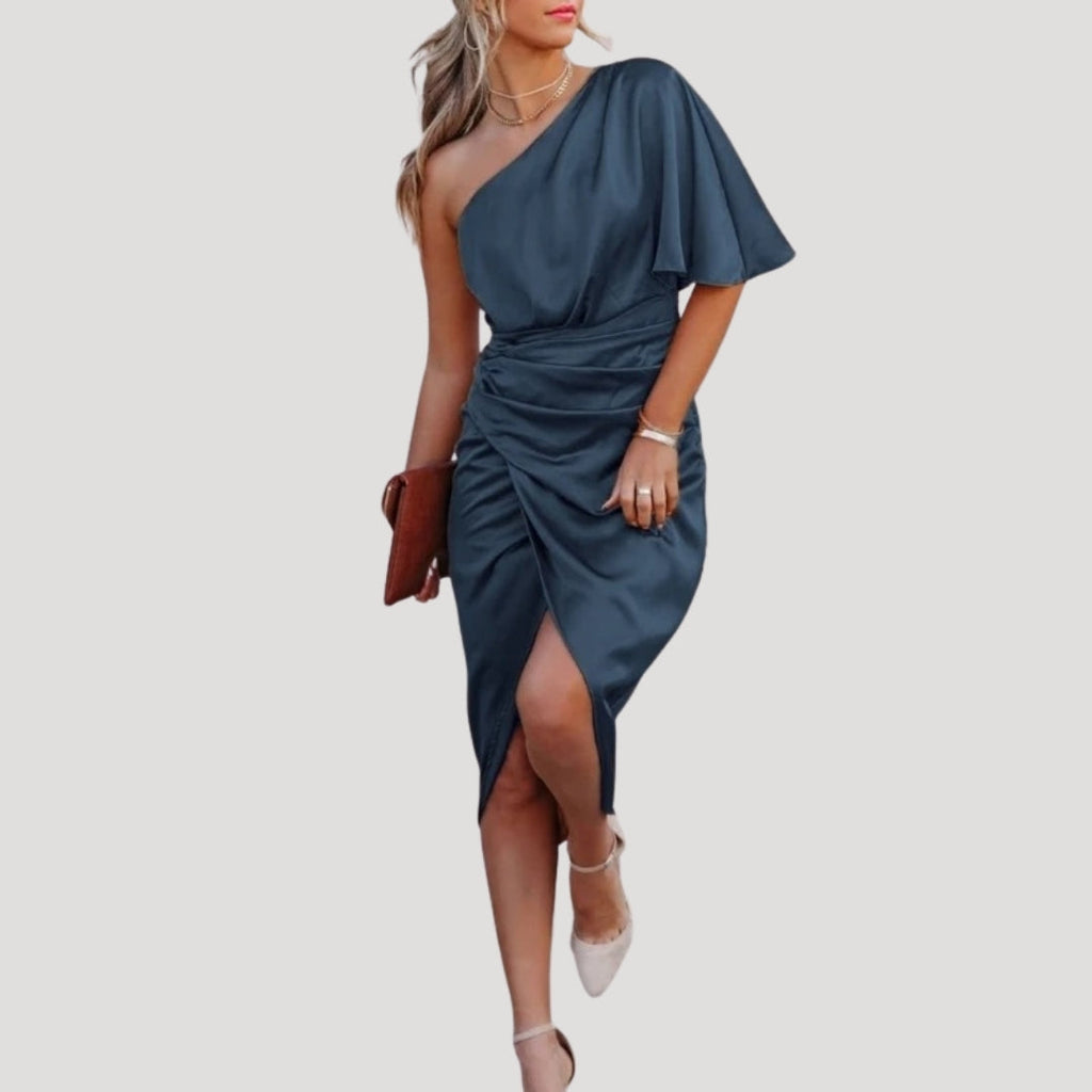 Women’s One Shoulder Midi Dress Side Slit Draped Evening Style