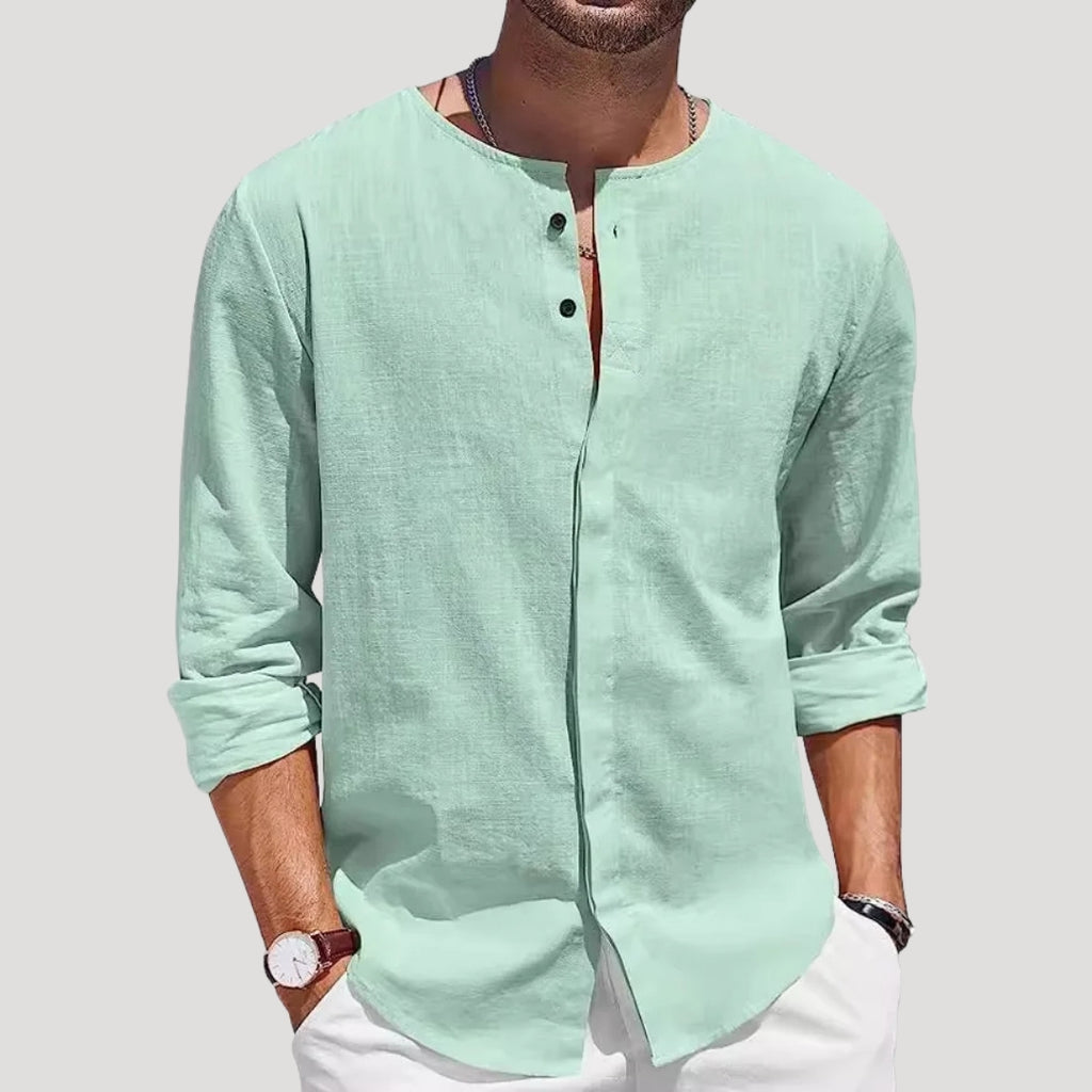 Mens Linen Henley Collarless Long Sleeve Summer Shirt