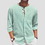 Mens Linen Henley Collarless Long Sleeve Summer Shirt