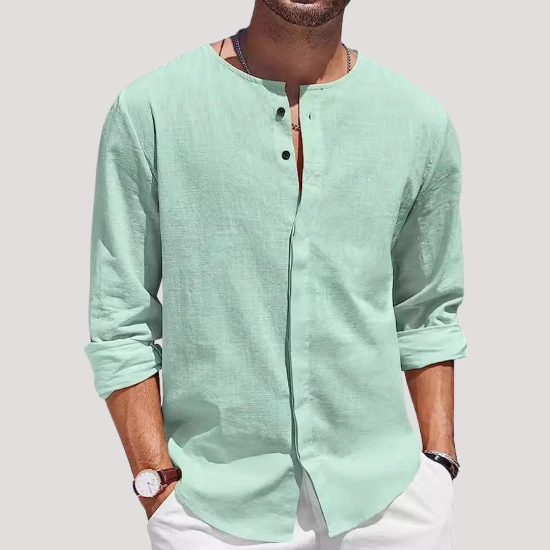 Mens Linen Henley Collarless Long Sleeve Summer Shirt