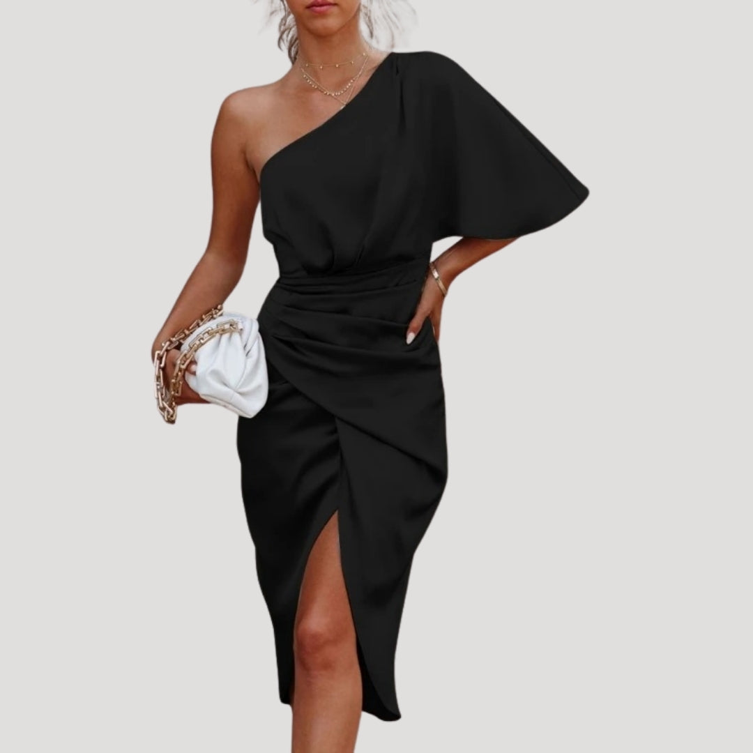 Women’s One Shoulder Midi Dress Side Slit Draped Evening Style