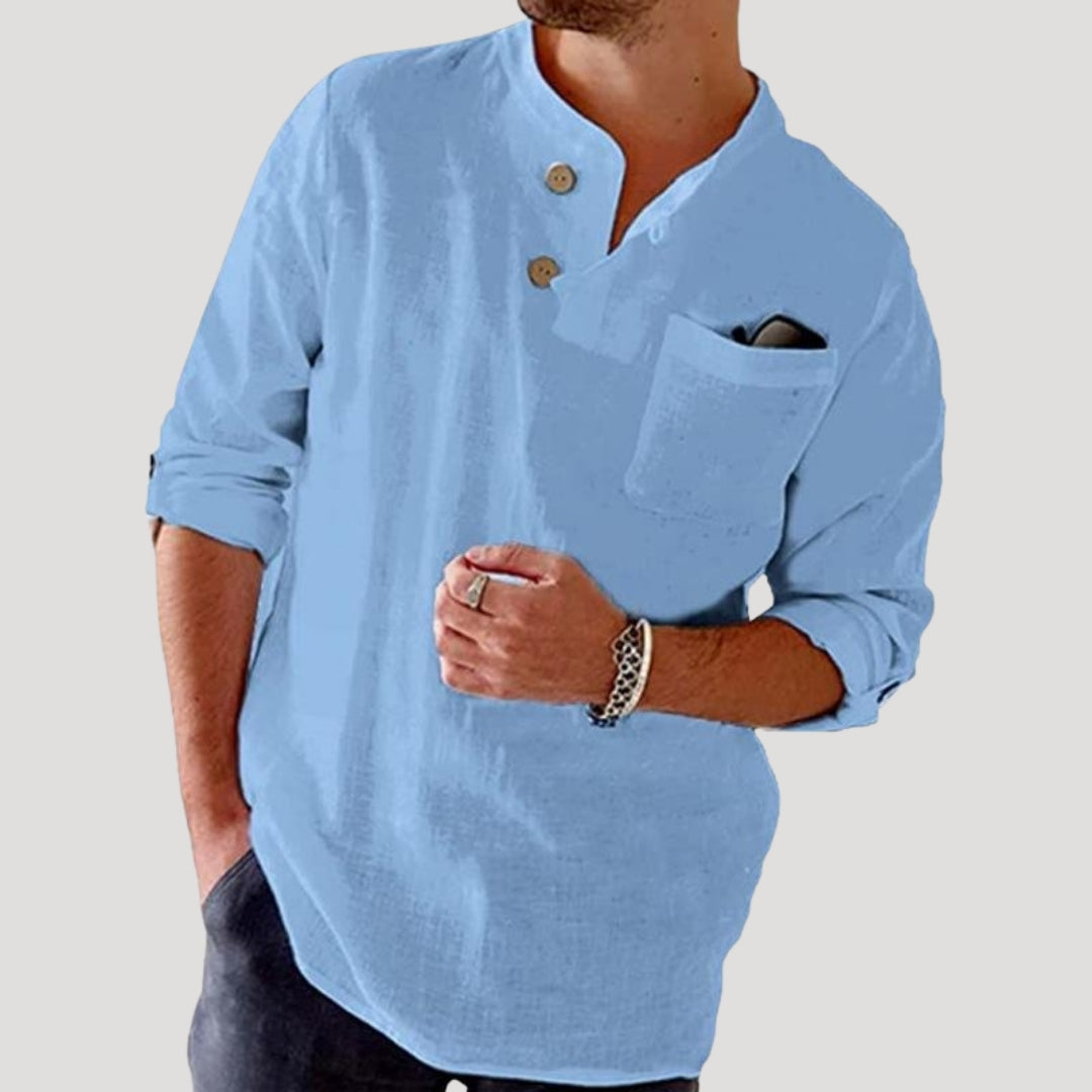 Mens Long Sleeve Shirt Linen Henley Casual Shirt Loose Fit