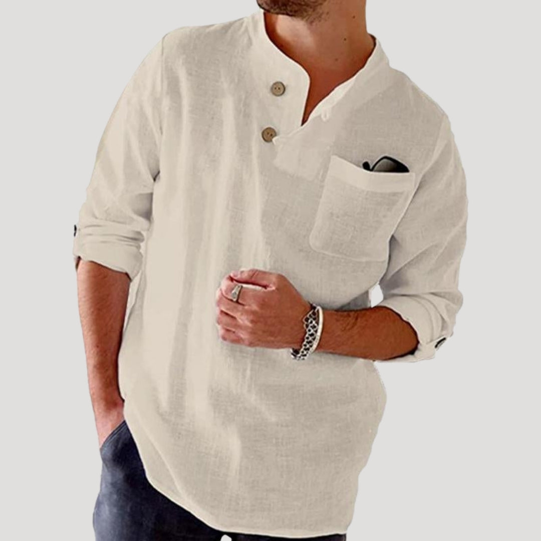 Mens Long Sleeve Shirt Linen Henley Casual Shirt Loose Fit