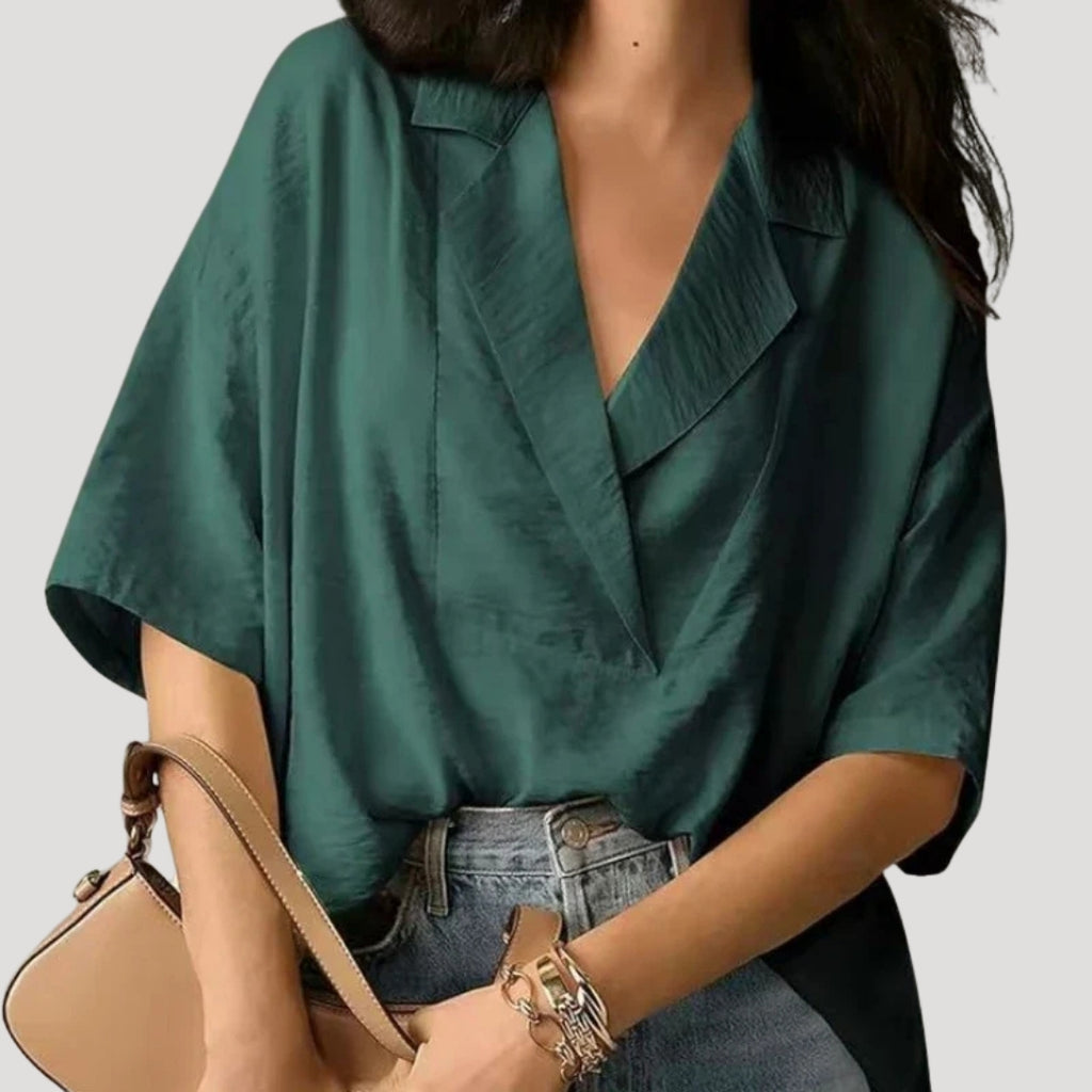 Women’s Blouse Short Sleeve Top V Neck Collared Loose