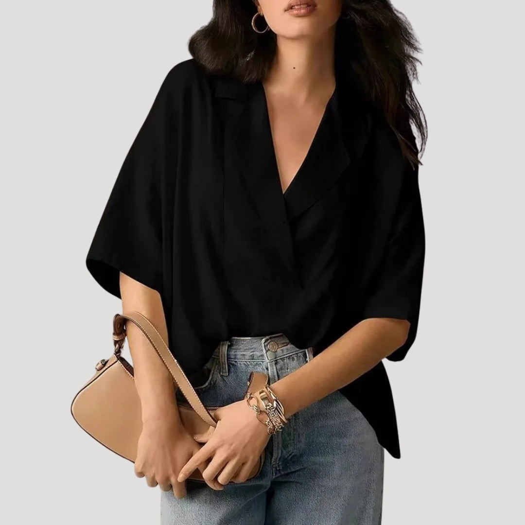 Women’s Blouse Short Sleeve Top V Neck Collared Loose