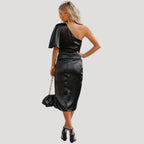 Women’s One Shoulder Midi Dress Side Slit Draped Evening Style