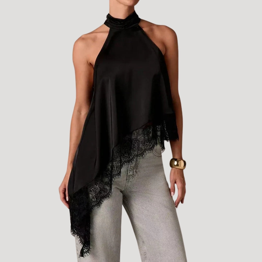 Women’s Blouse Halter Top Sleeveless Satin Lace Asymmetrical
