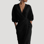 Women’s Maxi Dress Wrap Long Sleeve V Neck Flowy Elegant