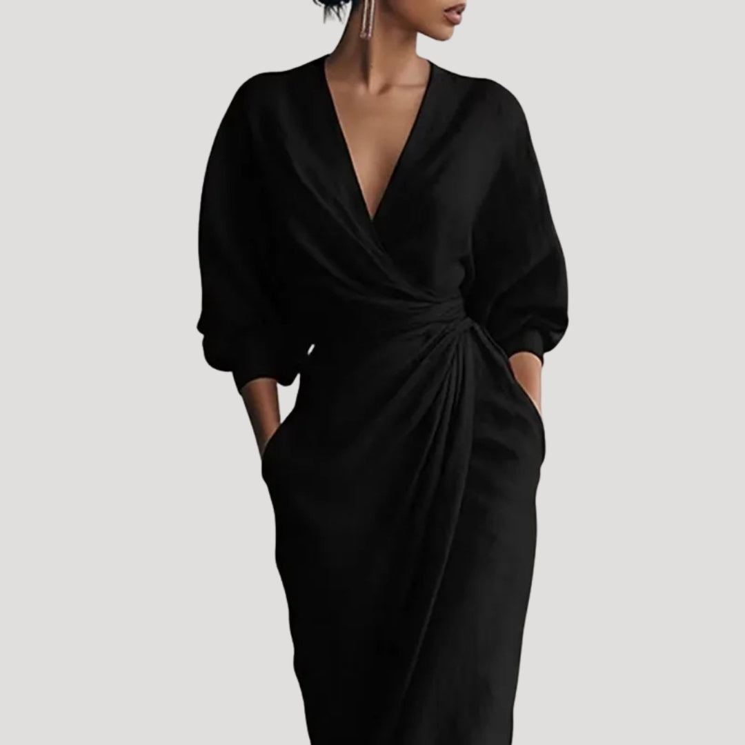 Women’s Maxi Dress Wrap Long Sleeve V Neck Flowy Elegant