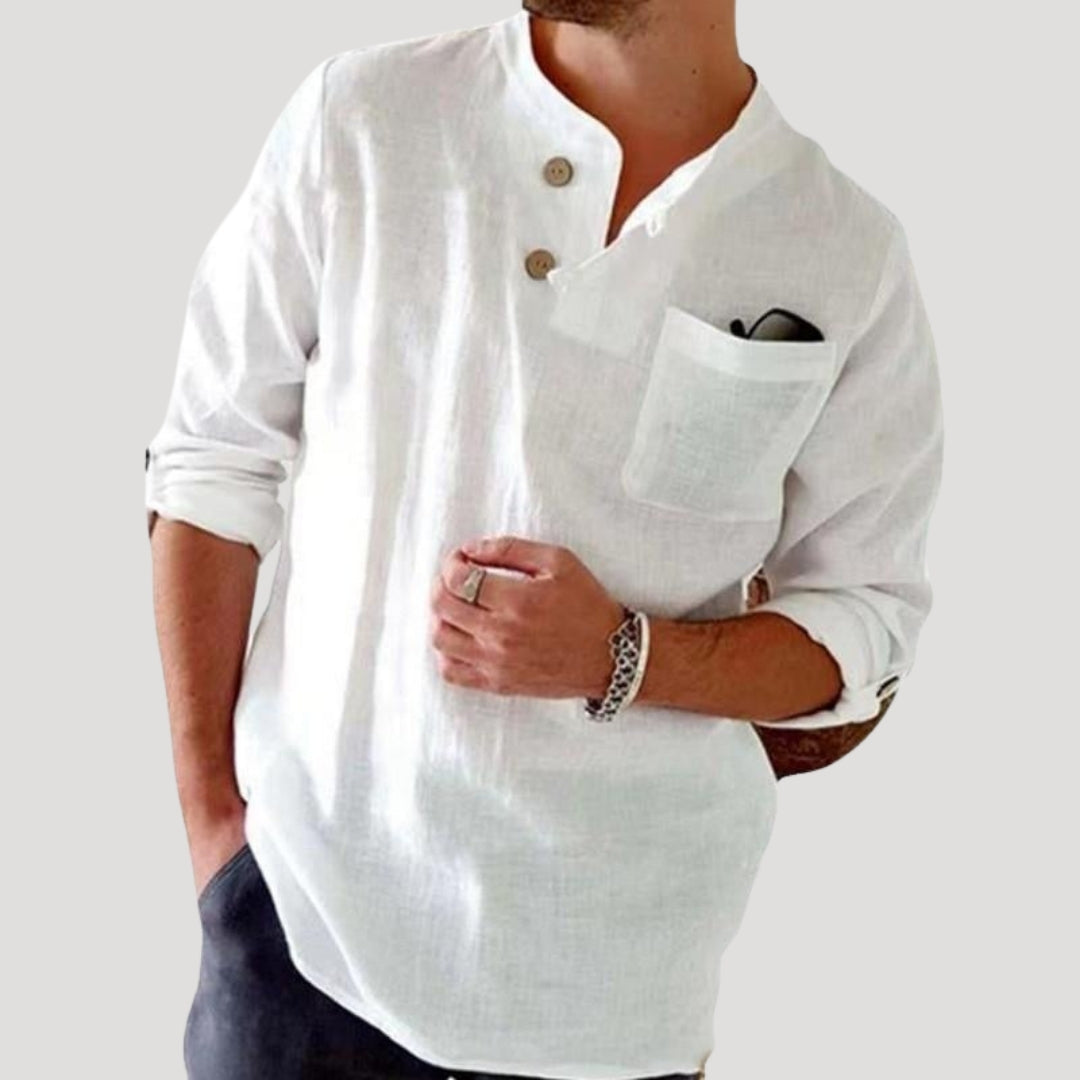 Mens Long Sleeve Shirt Linen Henley Casual Shirt Loose Fit