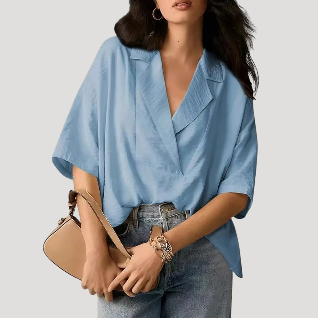 Women’s Blouse Short Sleeve Top V Neck Collared Loose