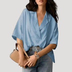 Women’s Blouse Short Sleeve Top V Neck Collared Loose