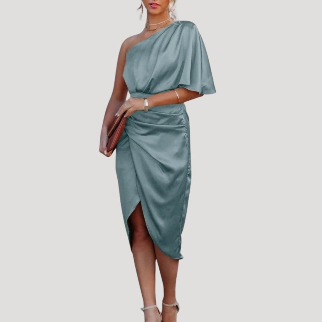 Women’s One Shoulder Midi Dress Side Slit Draped Evening Style