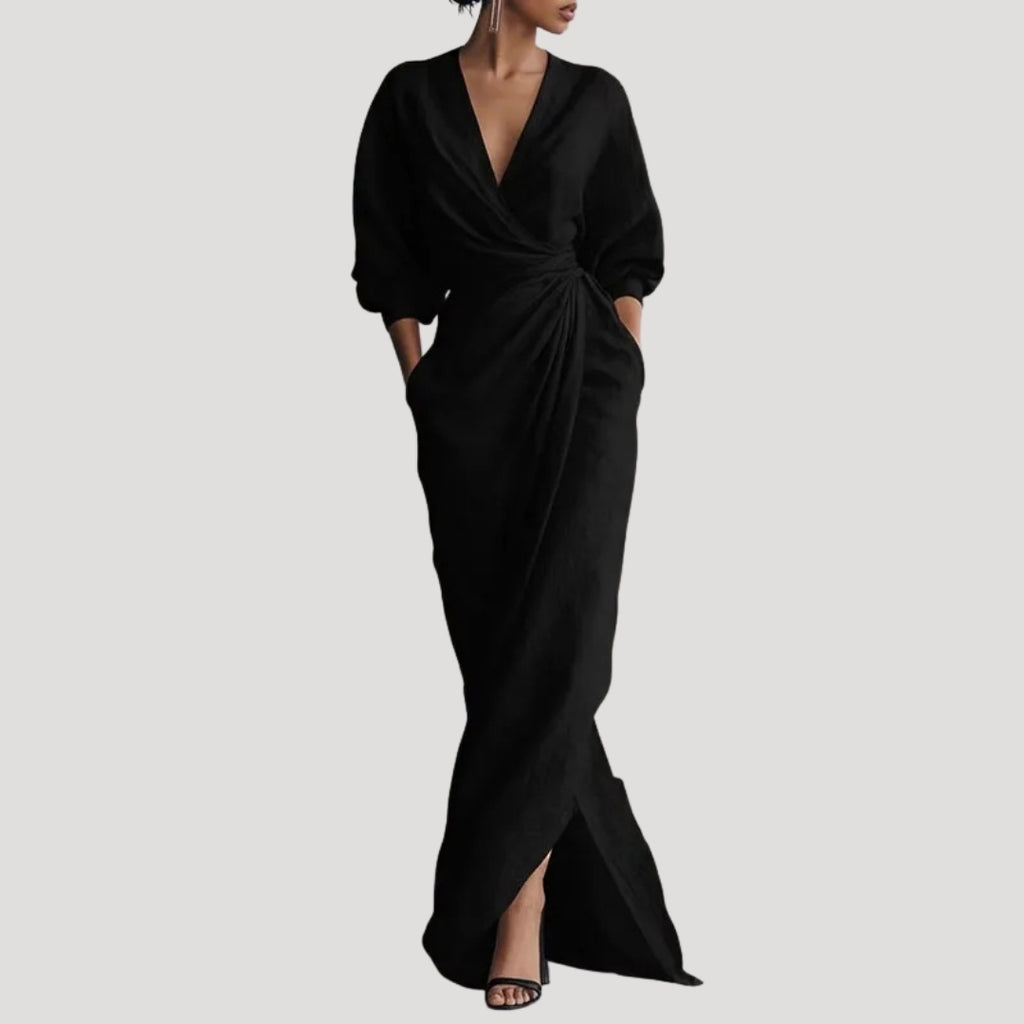 Women’s Maxi Dress Wrap Long Sleeve V Neck Flowy Elegant